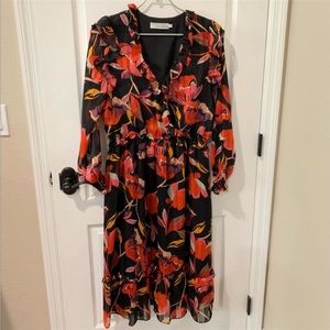 Anthropologie Adelyn Rae Black Red Pink Floral and Ruffle Midi Dress L